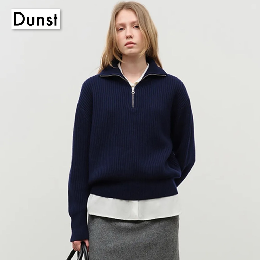 Dunst Half Zip Ribbed Wool Sweater Navy S Chunky Knit Minimalist Quiet Luxury